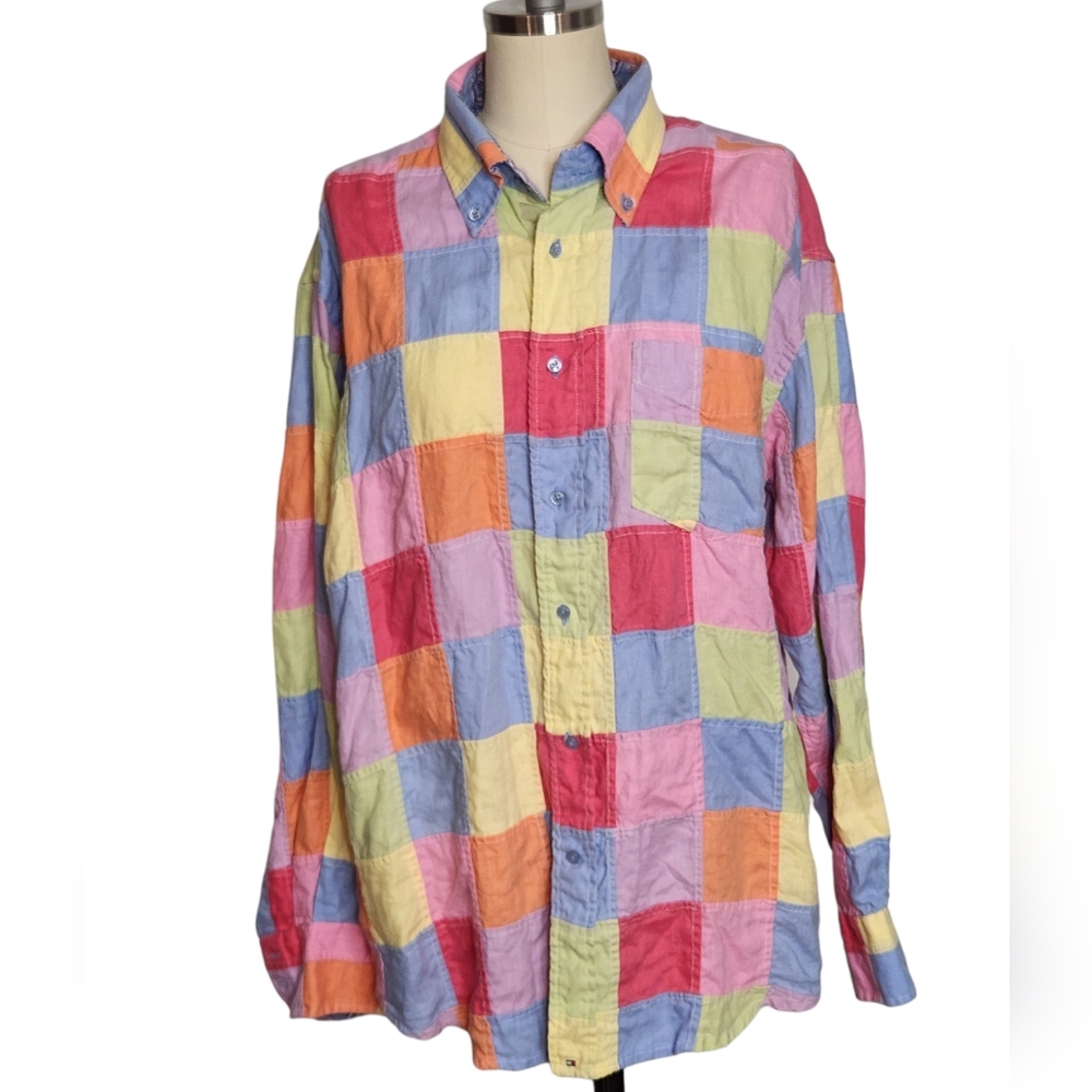 Vintage Tommy Hilfiger Shirt Men L Oversized Patchwork Linen Y2K 2004